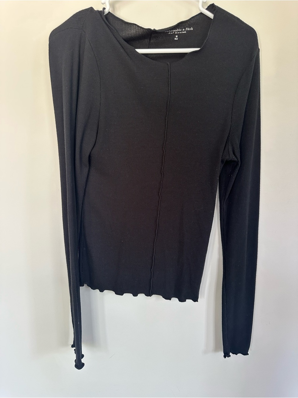 Abercrombie & Fitch Black Ribbed Long-Sleeve Top with Lettuce Edge
